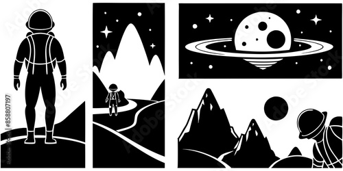 Black and white illustrations depict people floating in space, showcasing the vastness and wonder of the cosmic environment.