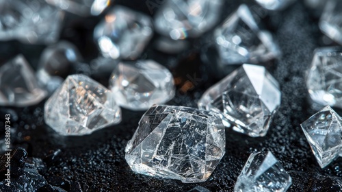 Close up view of natural uncut diamonds on black surface