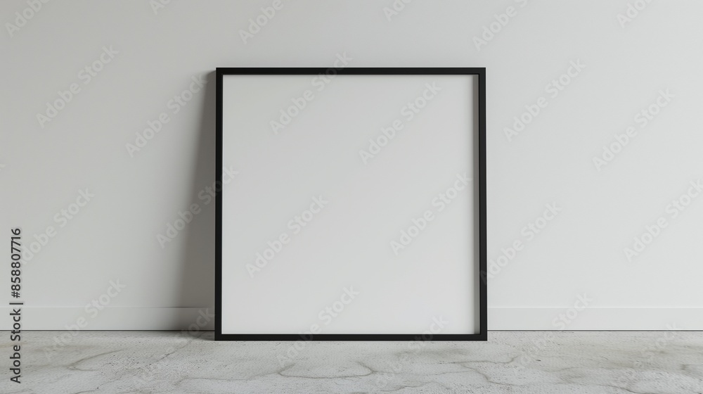 Modern Blank Black Frame Against White Wall on Concrete Floor Modern Blank Black Frame Against White Wall on Concrete Floor
