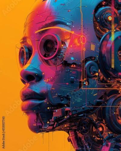 Vibrant orange background with intricate gear robot face. Neon pink, green, peach, and yellow accents. AI-themed text.
