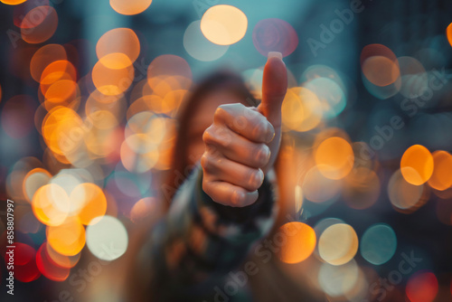 a woman giving a thumbs up with a blurry background