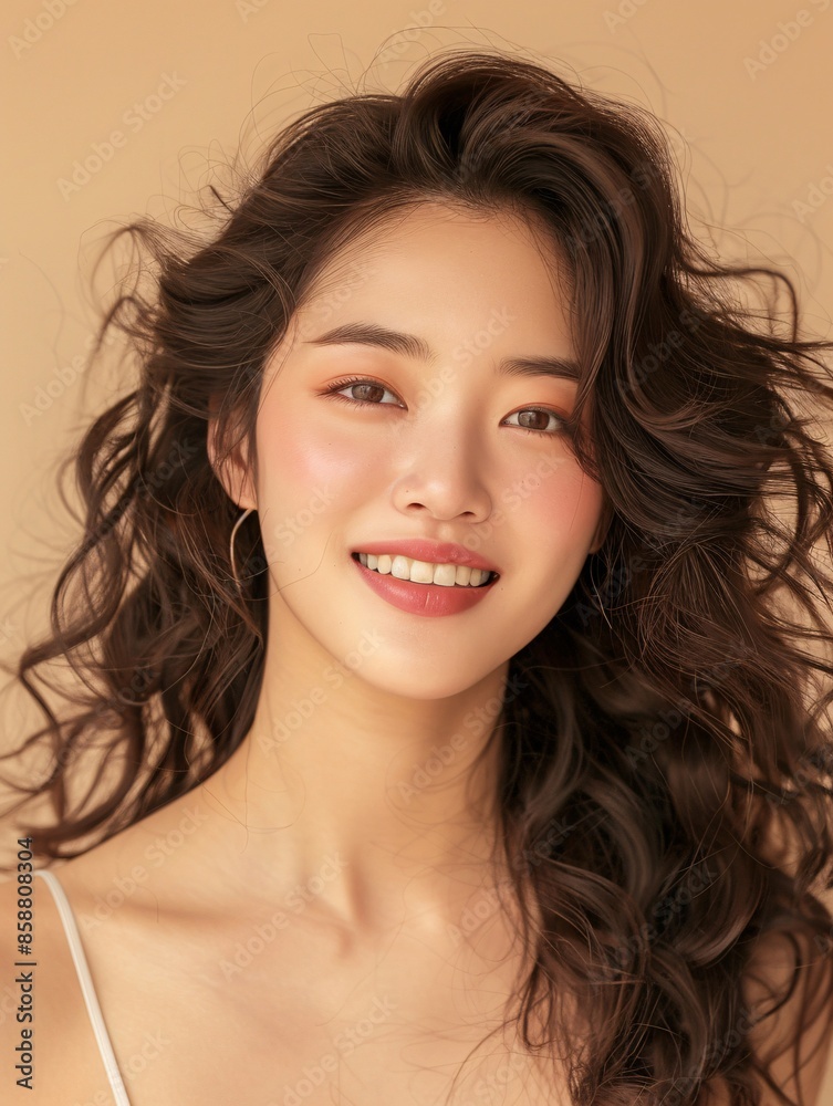 Attractive Asian lady with wavy hair, Korean cosmetics, and radiant complexion smiling on a neutral background, promoting beauty treatments and enhancements. Attractive Asian lady with wavy hair, Korean cosmetics, and radiant complexion smiling on a neutral background, promoting beauty treatments and enhancements.