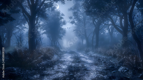 A mysterious forest with a moonlit path and fog, creating a spooky Halloween backdrop photo