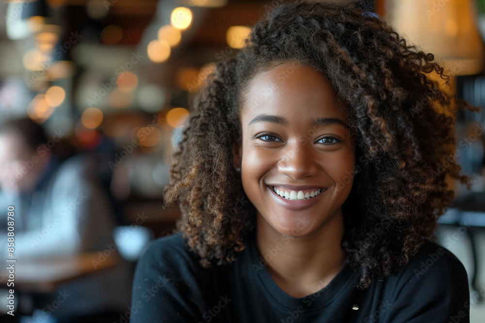 Candid Portrait of a Young African American Woman Smiling in a Cozy Coffee Shop with Warm Ambient Lighting Candid Portrait of a Young African American Woman Smiling in a Cozy Coffee Shop with Warm Ambient Lighting