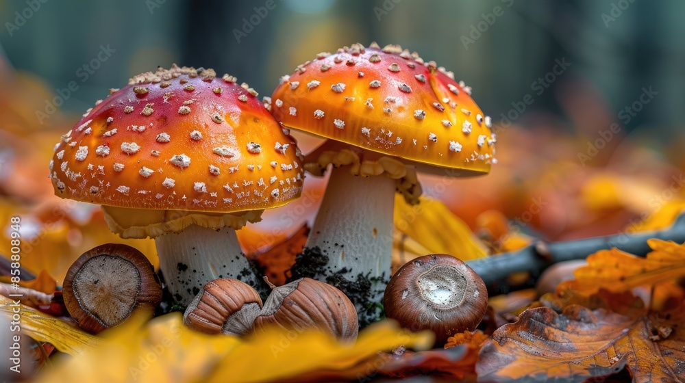 Obraz premium mushrooms and nuts HD 8K wallpaper Stock Photographic Image