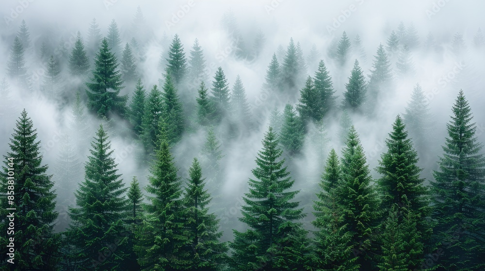 Fototapeta premium Mystical foggy cloudy mountain landscape. AI generated illustration. 
