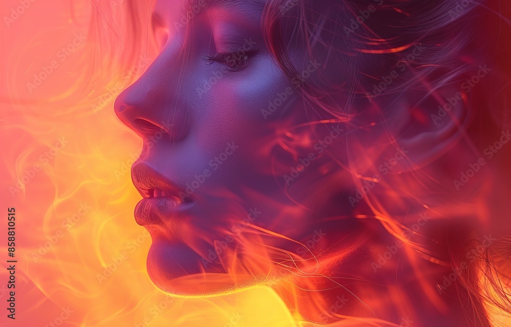 Ethereal glow on neck, against blurred background in wisteria purple, melon green, and lemon yellow hues. Ethereal glow on neck, against blurred background in wisteria purple, melon green, and lemon yellow hues.