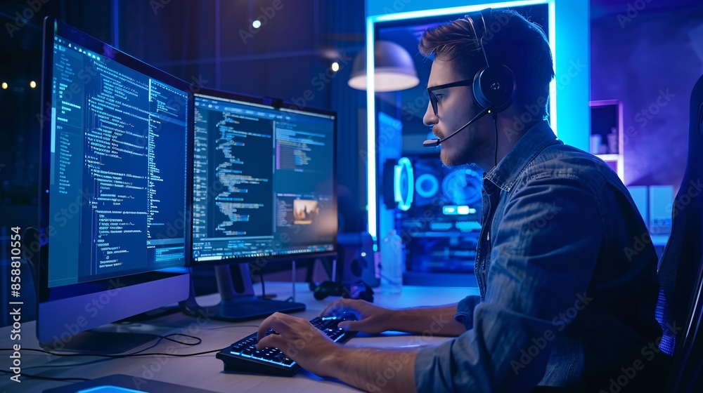 In an IT office setting, a programmer is engaged in software development, typing data and coding on a computer. In an IT office setting, a programmer is engaged in software development, typing data and coding on a computer.