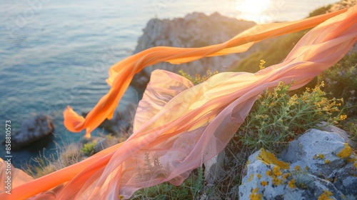 A tranquil garden on a rocky cliff with fabric ribbons gently dancing in the wind. photo