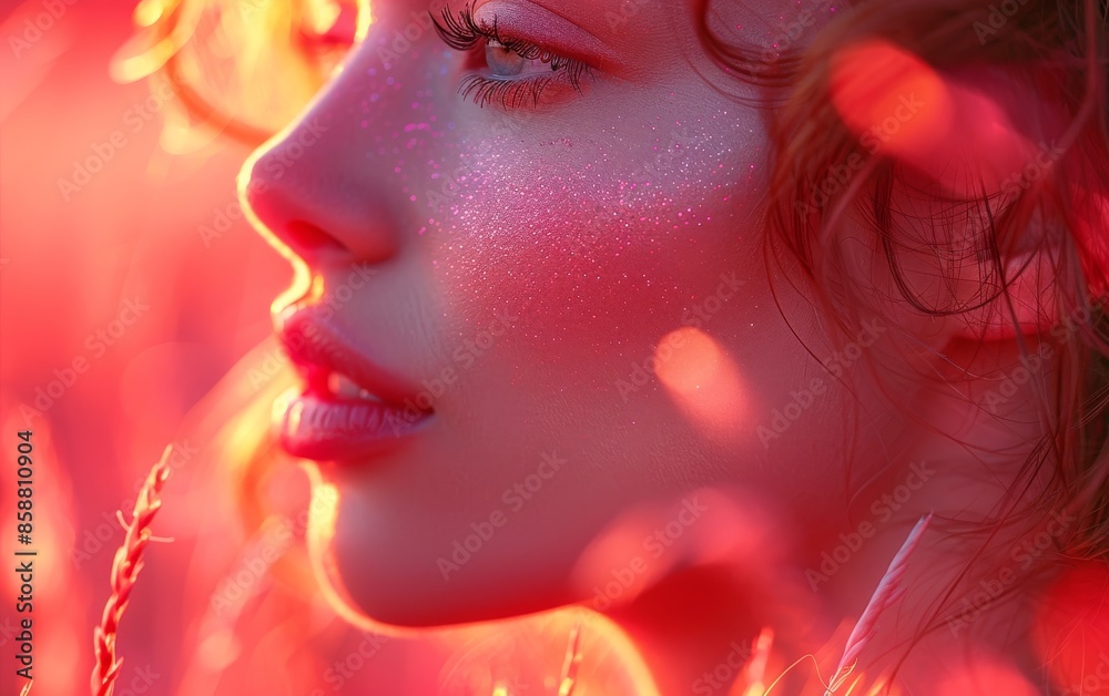 A softly glowing human jawline against warm, blurred backdrop - raspberry pink and dark chocolate hues. A softly glowing human jawline against warm, blurred backdrop - raspberry pink and dark chocolate hues.