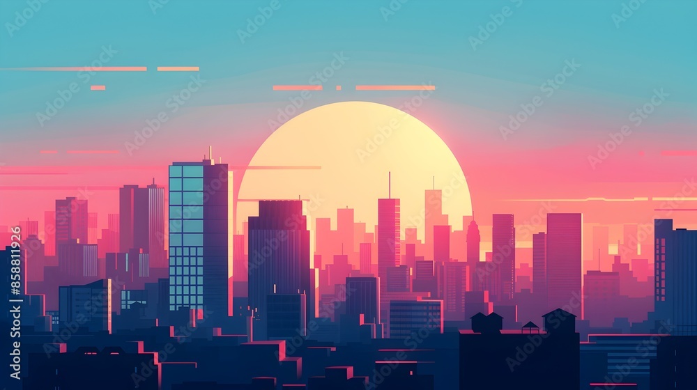 Fototapeta premium Minimalist Cityscape at Dusk with Geometric Skyscrapers and Gradient Sky