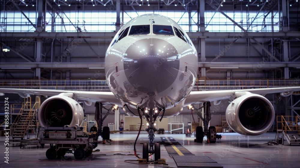 This image shows a large commercial airplane parked inside an aviation hangar. The airplane is undergoing maintenance. This image shows a large commercial airplane parked inside an aviation hangar. The airplane is undergoing maintenance.