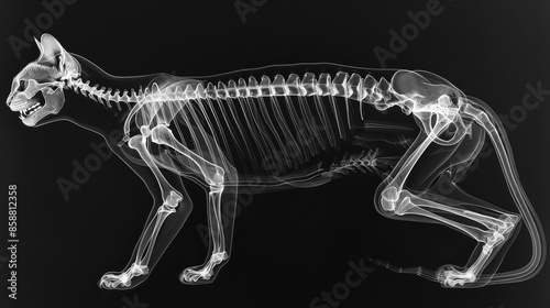 Detailed X-ray of domestic cat skeleton showing skull, spine, and ribcage.