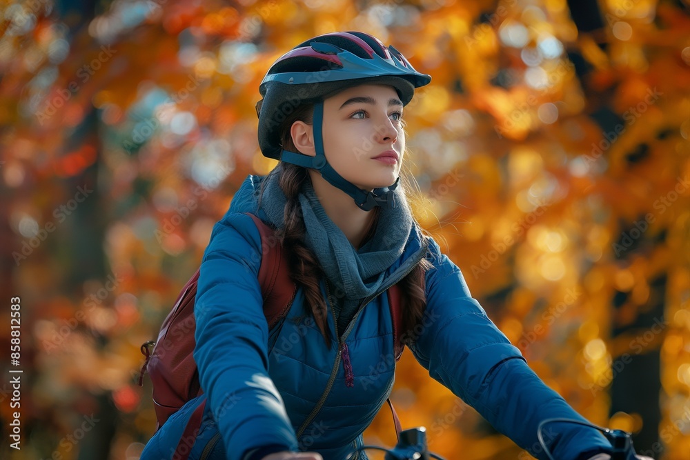 Autumn Cycling Adventure: Young Woman Biking Through Fall Foliage Autumn Cycling Adventure: Young Woman Biking Through Fall Foliage