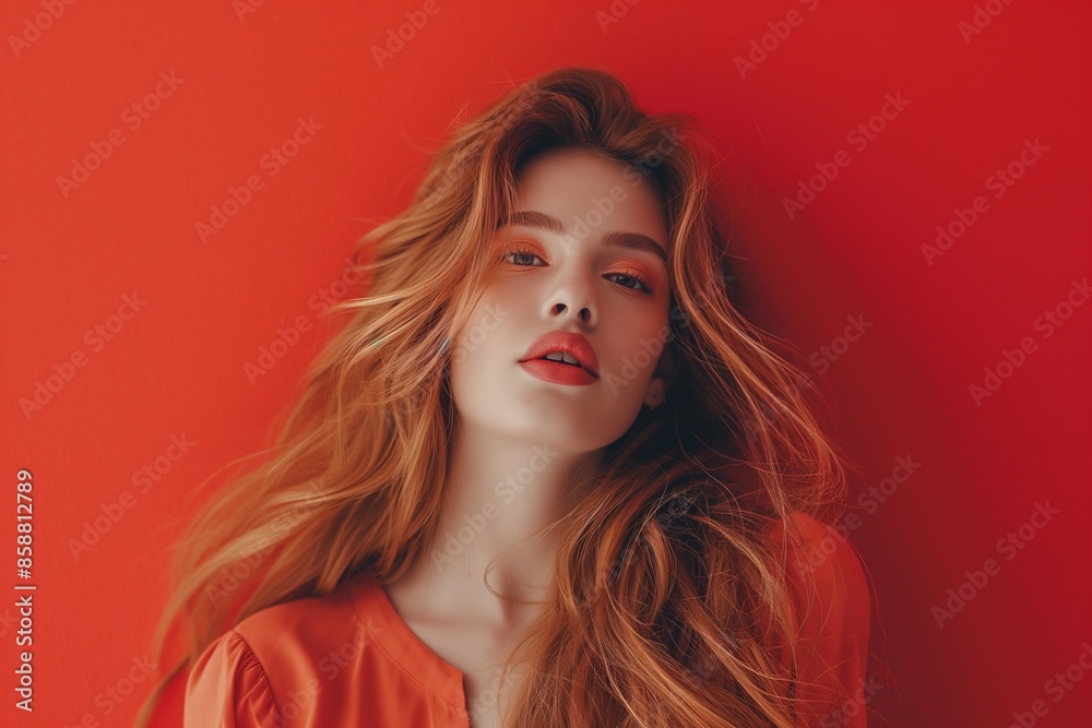 Stunning Redhead Woman in Vivid Orange Dress Against Red Background Stunning Redhead Woman in Vivid Orange Dress Against Red Background