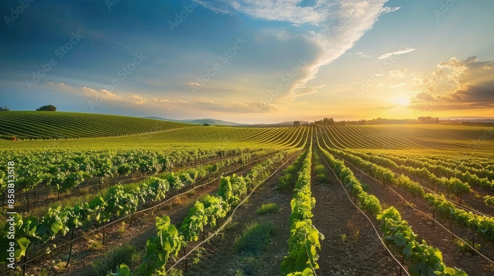 beautiful view in a green farm field with rows of rural plants and vegetables with amazing sunset or sunrise AI generated beautiful view in a green farm field with rows of rural plants and vegetables with amazing sunset or sunrise AI generated