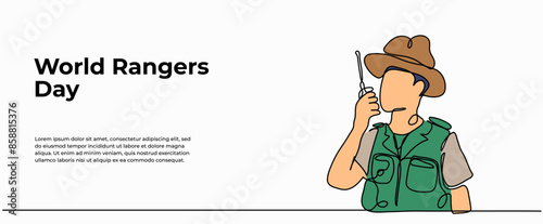Vector illustration of forest guards communicate using handy talkies.Modern flat in continuous line style.