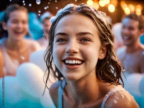 Young laughing woman at the foam party