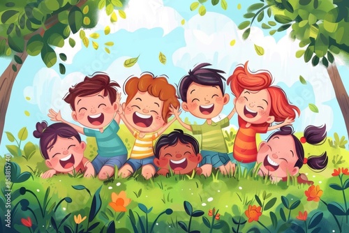 Happy children laughing and playing in the garden. Vector cartoon illustration.