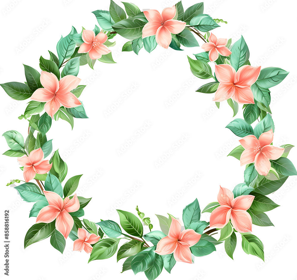 Delicate floral wreath made of soft pastel pink and green leaves, flowers and vines on a white background with margins, Delicate floral wreath made of soft pastel pink and green leaves, flowers and vines on a white background with margins,