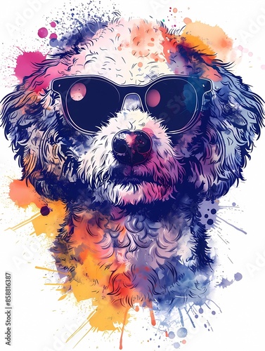 adorable bichon frise dog wear sunglasses with paint splash art illustration photo