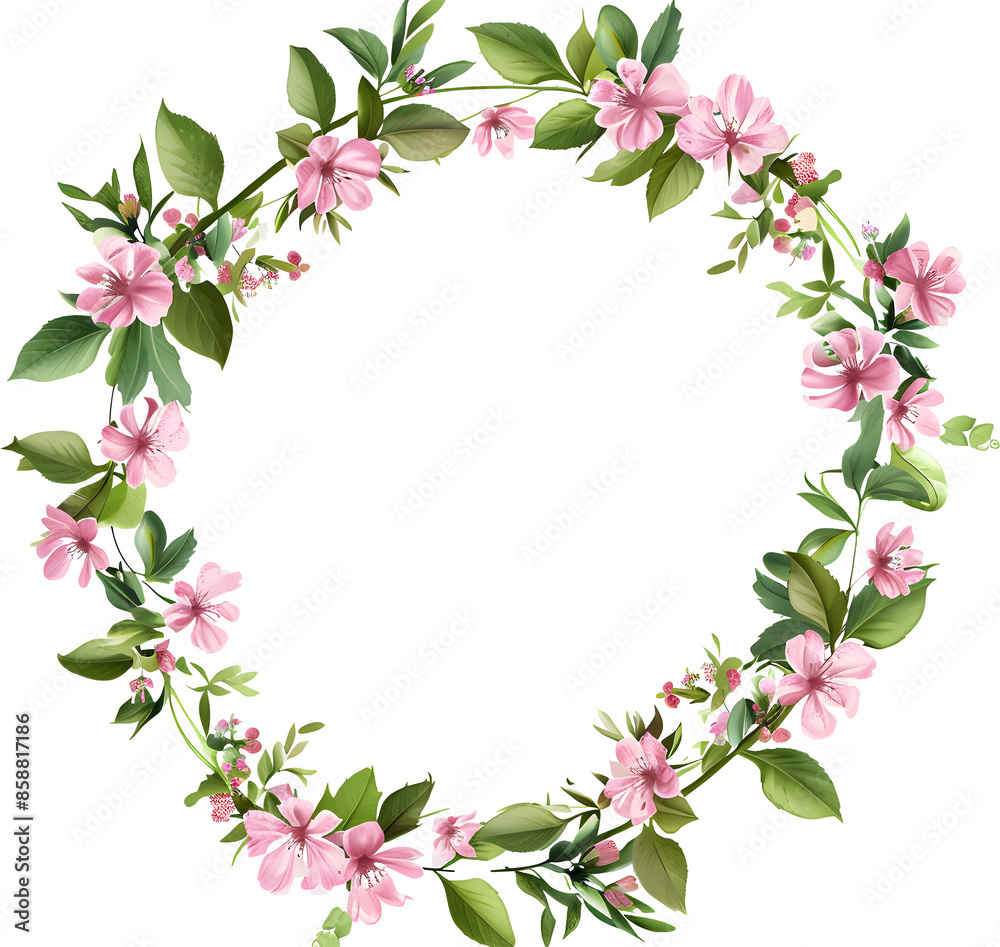 Delicate floral wreath made of soft pastel pink and green leaves, flowers and vines on a white background with margins, Delicate floral wreath made of soft pastel pink and green leaves, flowers and vines on a white background with margins,