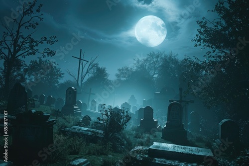 A spooky mist enveloping a moonlit graveyard, with shadows lurking among the tombstones.