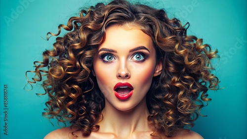 Curiosity abounds in a stunning portrait of a curly-haired woman, her eyebrows raised, lips bitten, and eyes wide with wonder, set against a vibrant blue backdrop.,hd 8k