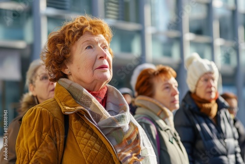 Mature woman with red hair in a yellow jacket walking in the city