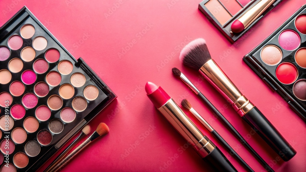 Pink background with a cosmetic brush stand, red lipstick, and eyeshadow palettes, representing a beauty and self-care setup, ready for a night out prep.,hd 8k Pink background with a cosmetic brush stand, red lipstick, and eyeshadow palettes, representing a beauty and self-care setup, ready for a night out prep.,hd 8k