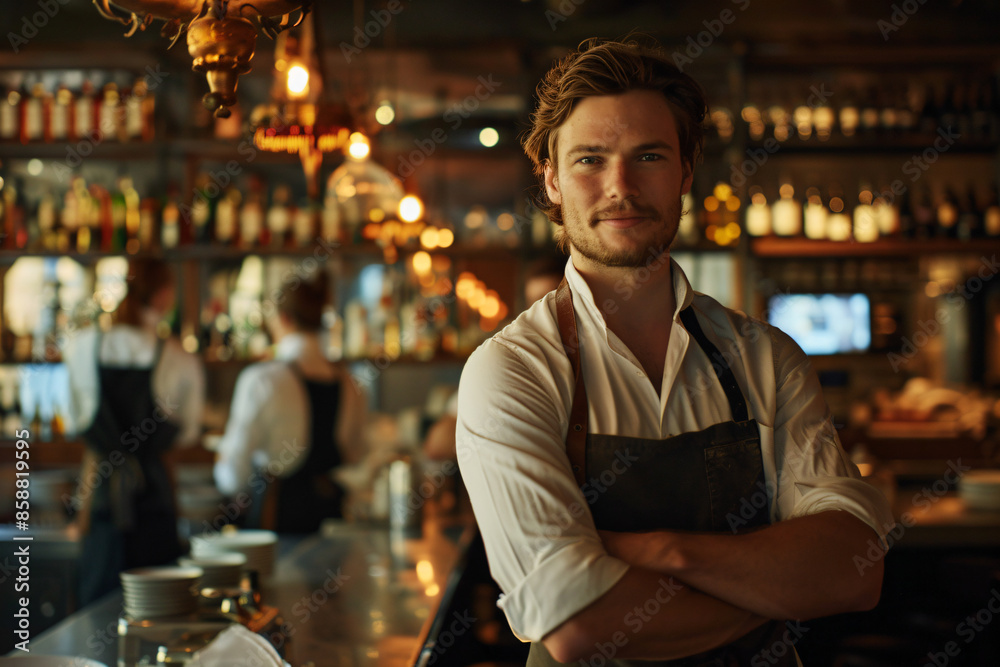 a man standing in a bar with his arms crossed a man standing in a bar with his arms crossed
