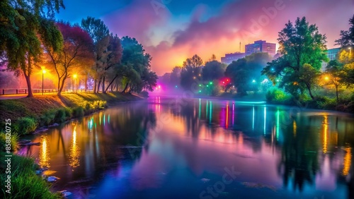 Wallpaper Mural Vibrant neon lights illuminate the misty riverbank as gentle ripples dance across the dark water, capturing the essence of a mystical urban oasis at dusk.,hd,8k Torontodigital.ca