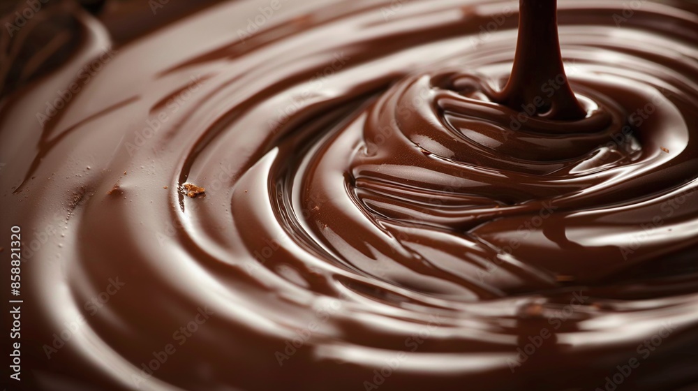 Smooth and glossy flowing chocolate with rich swirls in deep brown shades creating a decadent and luxurious close-up texture Smooth and glossy flowing chocolate with rich swirls in deep brown shades creating a decadent and luxurious close-up texture