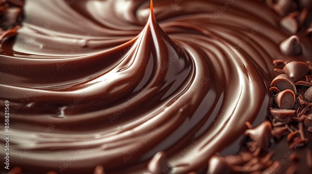 Glossy flowing chocolate with rich swirls and scattered chocolate chips creating a decadent and luxurious close-up texture Glossy flowing chocolate with rich swirls and scattered chocolate chips creating a decadent and luxurious close-up texture