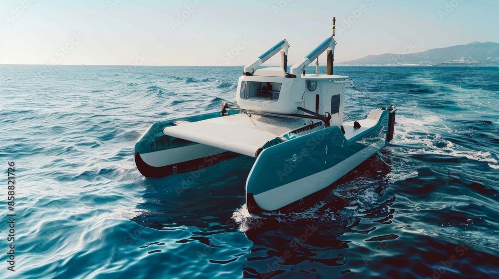 AI-driven autonomous ocean cleanup vessel equipped with robotic arms ...