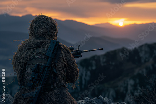 A photograph of an anthropomorphic sniper in a ghillie suit holding an M4, with a sunset background and mountains in the distance, in the style of professional photography, as a full body shot and wit