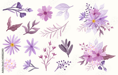 watercolor flower set purple pastel