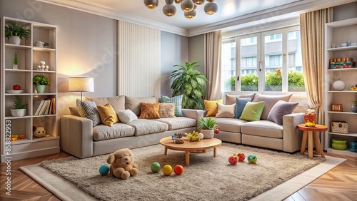 Cozy apartment interior with plush carpet, scattered toys, and soft cushions, evoking warmth and comfort, perfect for a loving family's intimate moments.,hd, 8k. photo
