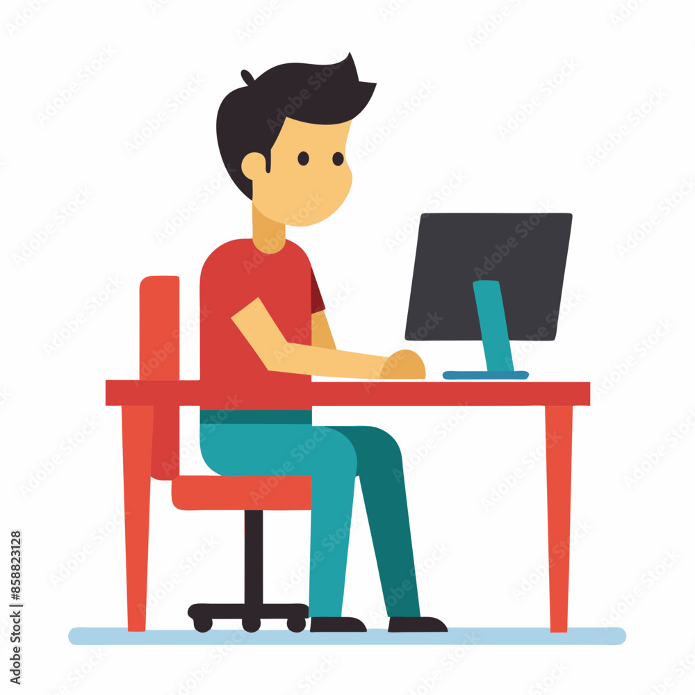 Computer vector art illustration of a young man sitting at his desk working. Computer vector art illustration of a young man sitting at his desk working.