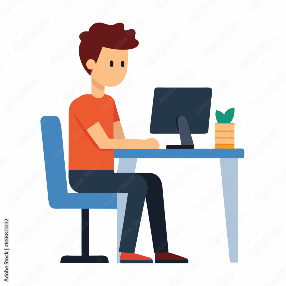 Computer vector art illustration of a young man sitting at his desk working. Computer vector art illustration of a young man sitting at his desk working.