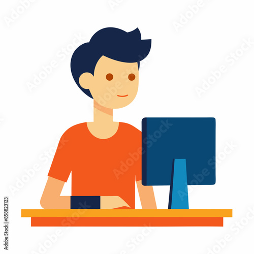 Computer vector art illustration of a young man sitting at his desk working. 