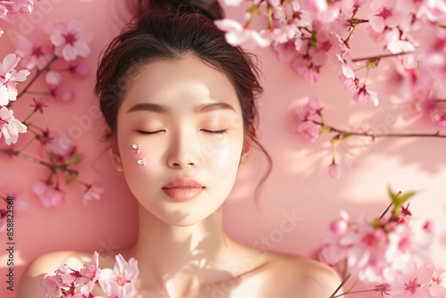 a woman with closed eyes laying on a pink surface