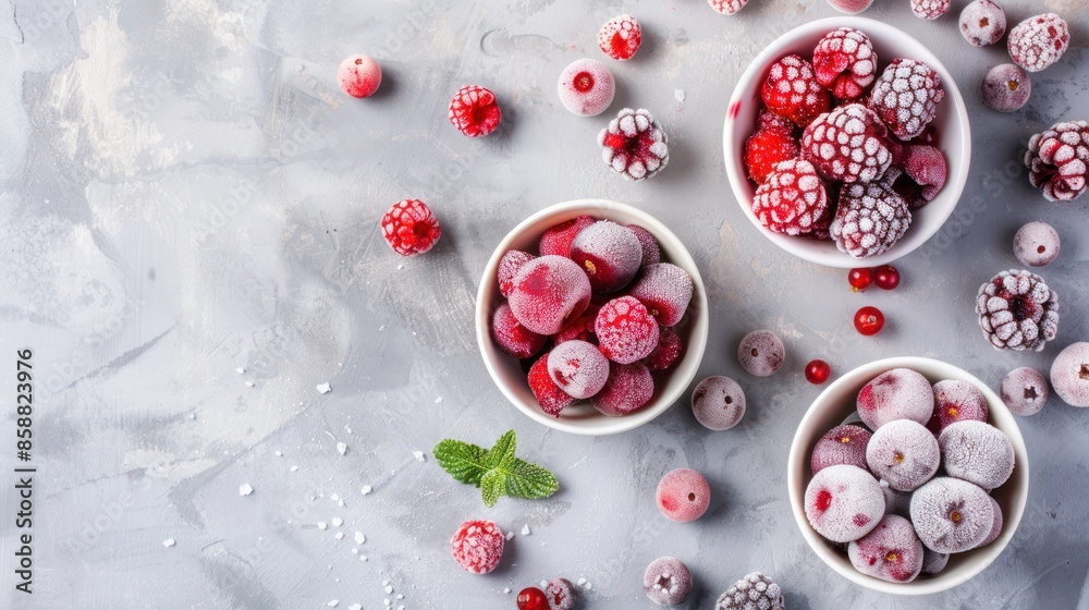 Frozen Berries in Bowls on a Grey Background Frozen Berries in Bowls on a Grey Background