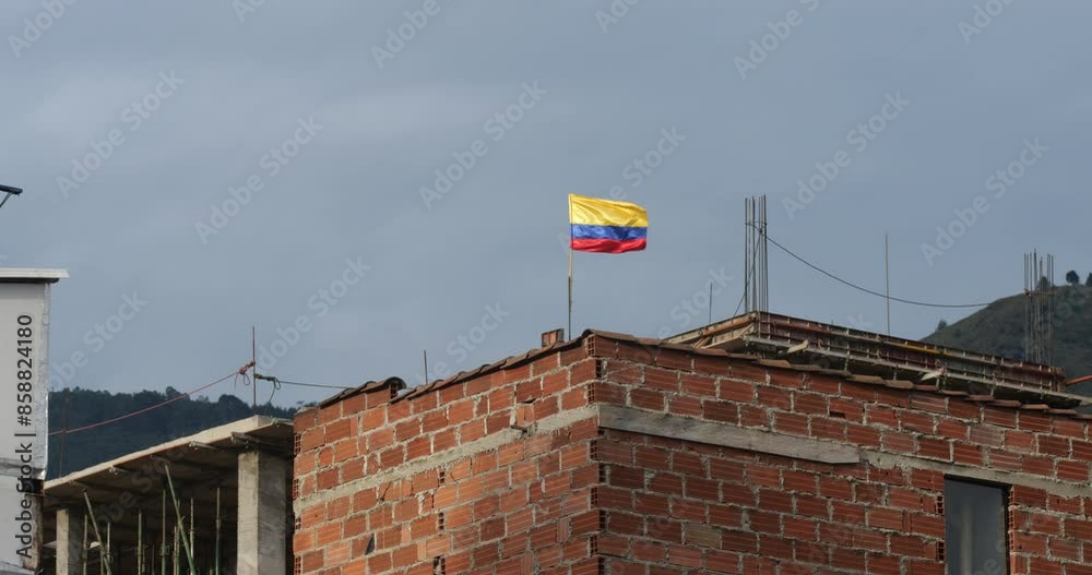 bandera colombiana ondea en el techo de una construcción