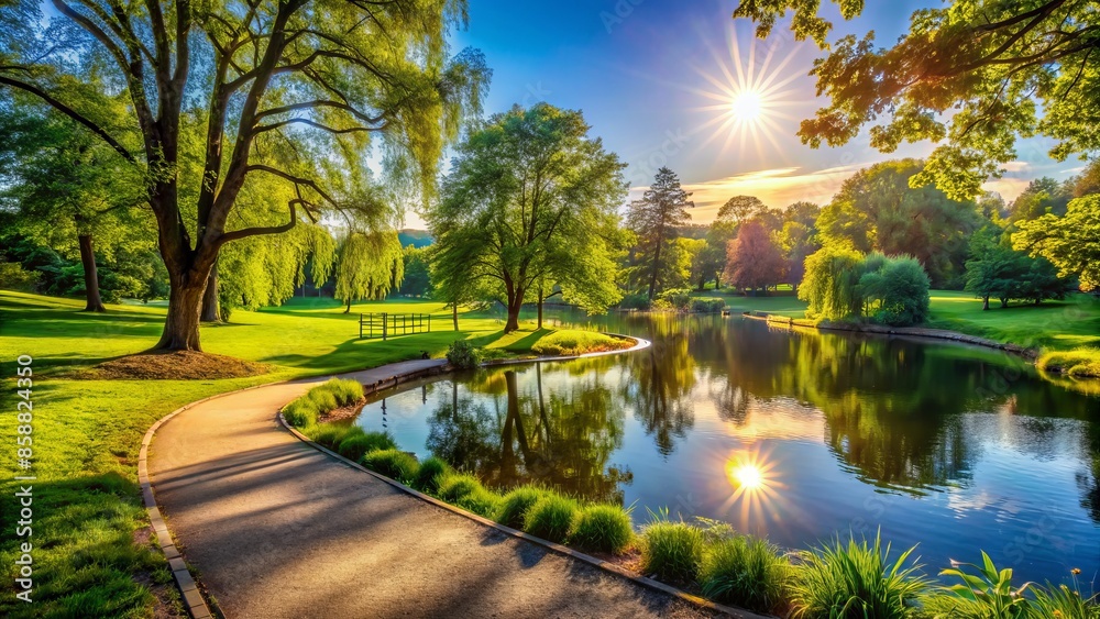 Vibrant sunshine casts a warm glow on a serene summer park scene featuring lush greenery, a tranquil lake, and a winding path inviting relaxation.,hd, 8k. Vibrant sunshine casts a warm glow on a serene summer park scene featuring lush greenery, a tranquil lake, and a winding path inviting relaxation.,hd, 8k.