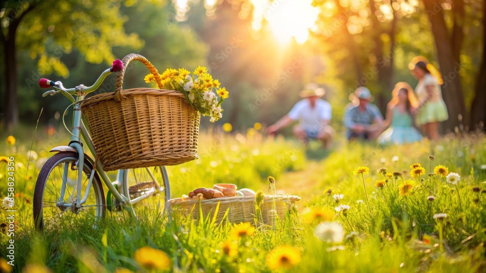 A warm sunny day, a green meadow with scattered flowers, a blurred bicycle, and a wicker picnic basket, evoking a sense of playful family bonding.,hd, 8k. A warm sunny day, a green meadow with scattered flowers, a blurred bicycle, and a wicker picnic basket, evoking a sense of playful family bonding.,hd, 8k.