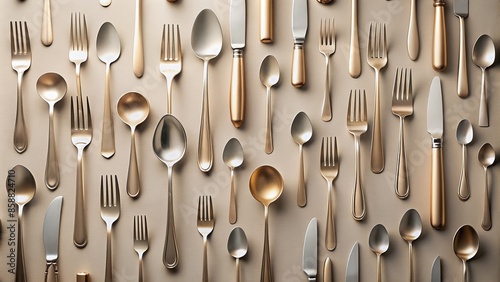 Assorted minimalist cutlery and utensils arranged in a uniform pattern against a clean and simple neutral background, emphasizing texture and shape contrast.,hd, 8k. photo