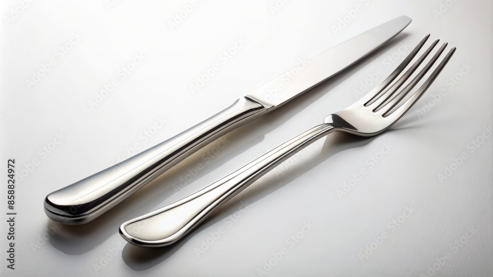 A singularly elegant, modern fork and knife, polished to perfection, lie side by side on a pristine white backdrop, evoking refined dining sophistication.,hd, 8k. A singularly elegant, modern fork and knife, polished to perfection, lie side by side on a pristine white backdrop, evoking refined dining sophistication.,hd, 8k.