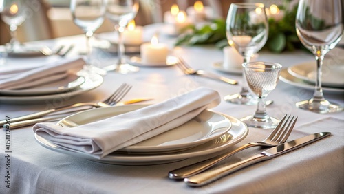 Elegant table setting featuring a meticulously arranged set of polished cutlery laid out on a crisp, white linen napkin, awaiting a fine dining experience.,hd, 8k.