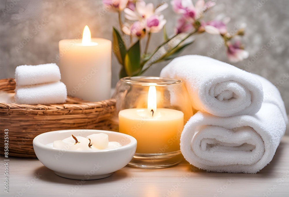 a serene spa atmosphere with a luxury white bathroom concept, featuring towels, candles, massages, baths, and aromatherapy accessories. a serene spa atmosphere with a luxury white bathroom concept, featuring towels, candles, massages, baths, and aromatherapy accessories.